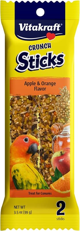 Crunch Sticks Conure Treat 2 Sticks - Apple and Orange Flavor – Triple Baked for Crunch – with Added Vitamins and Minerals Natural with Wood Chew Center – Includes Cage Clip Holder