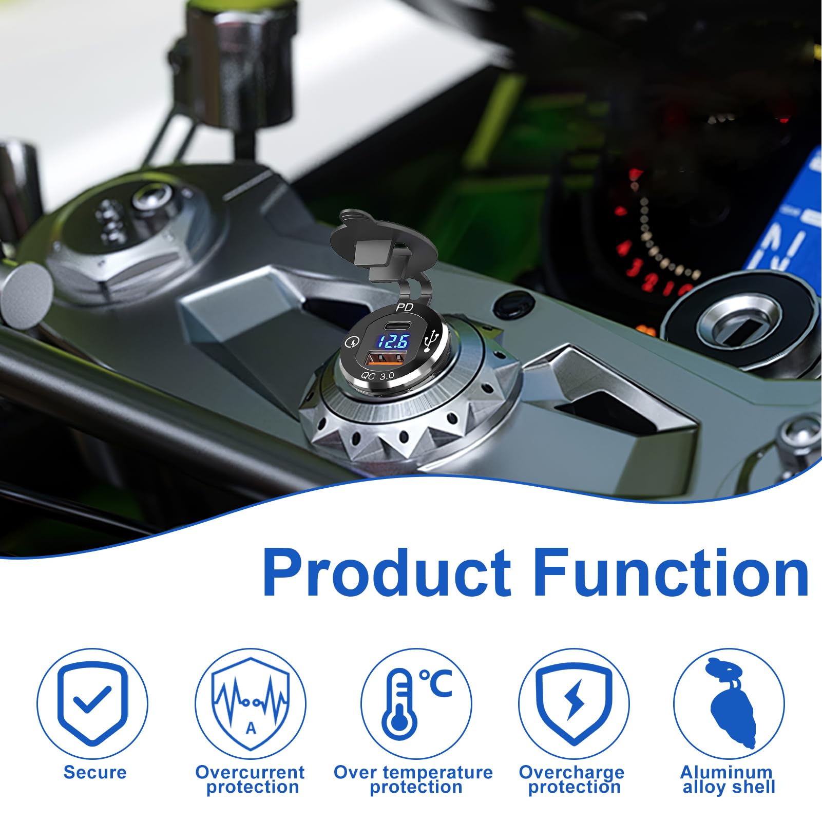 Prise USB DIN Chargeur Rapide De Moto,Qidoe Double Port QC3.0 Et USB C Adaptateur Din Hella Vers USB Avec LED Bleue Pour Moto BMW - Auto