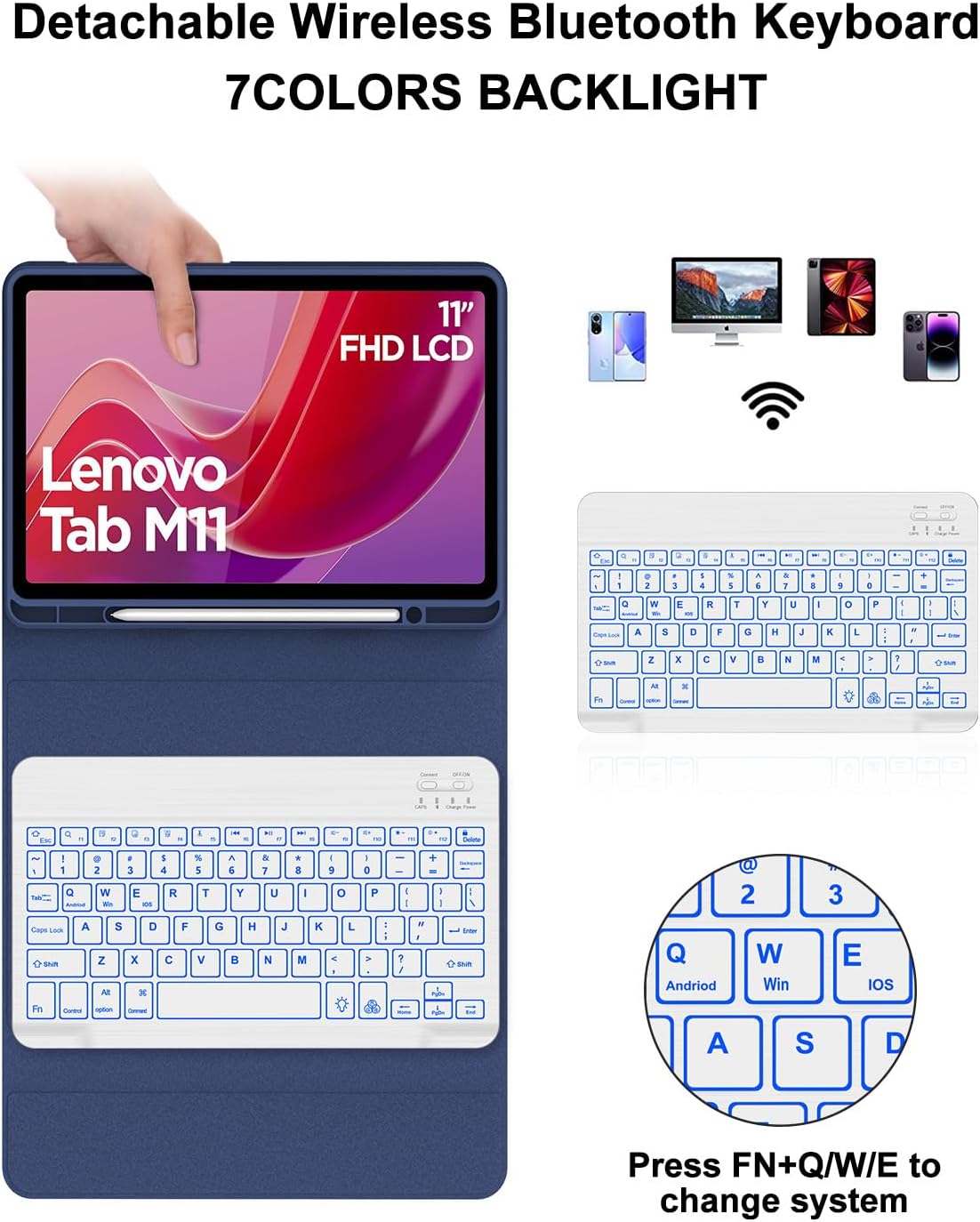 for Lenovo Tab M11 2024 11 Inch Case with Keyboard - 7 Colors Backlit Wireless Detachable Folio Keyboard Cover for Lenovo Tab M11 11” TB-330FU Tablet, Pen Holder Slim & Light, Navy Blue
