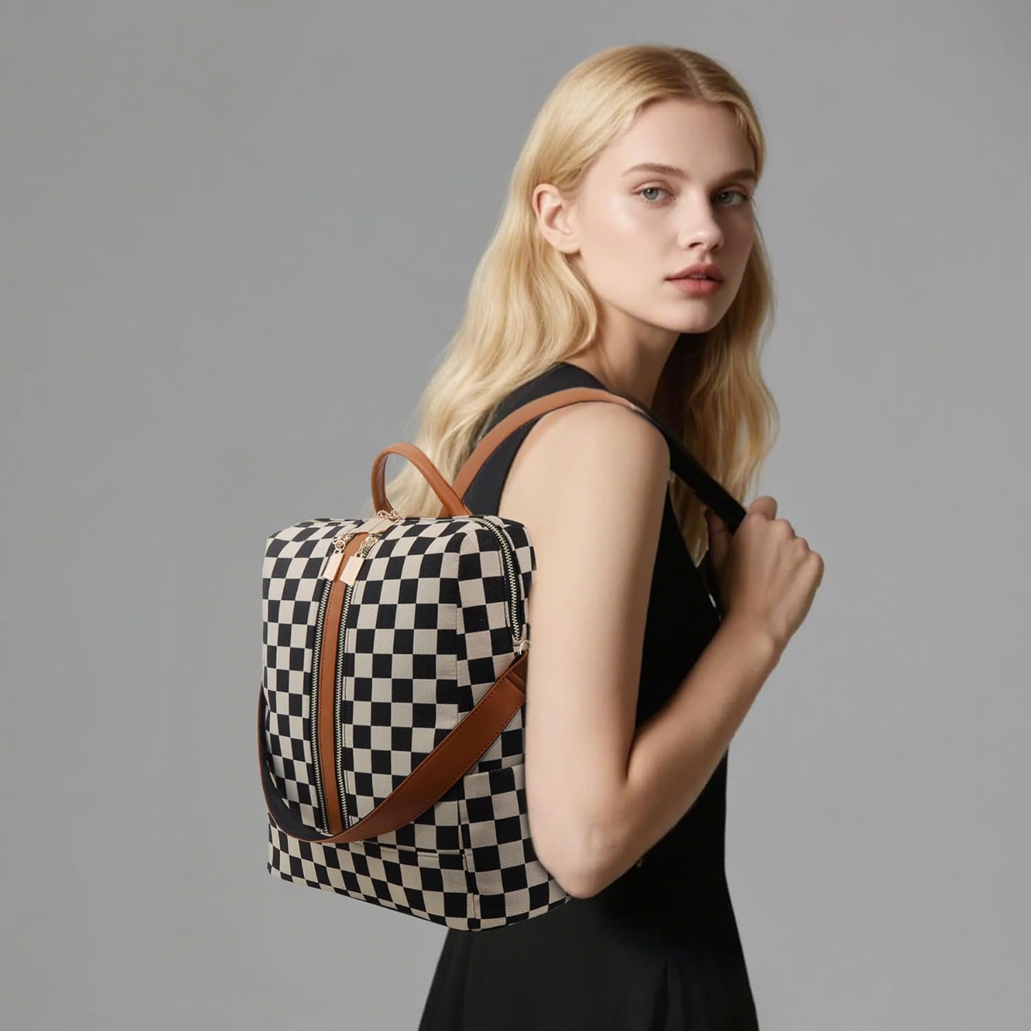 Checkered Backpack Purse for Women Plaid Back Pack Purses Leather Backpack Bags Handbags for Travel Work (Brown) - Image 3