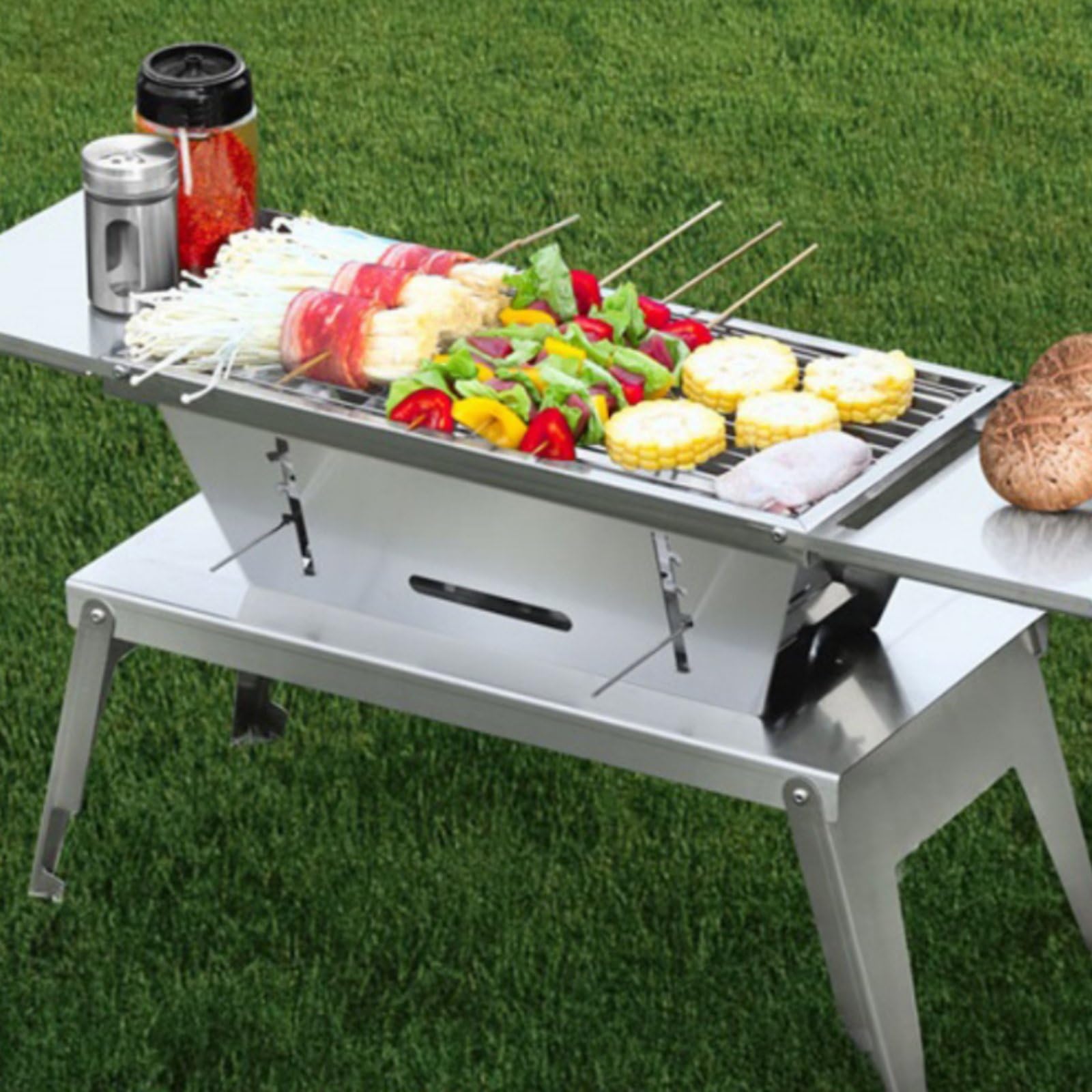 Barbecue Portatile Griglia Barbecue Griglia Pieghevole Griglia a Carbone in Acciaio Inox 304 con Vassoio Bricchetti a Livelli E Facile Pulizia