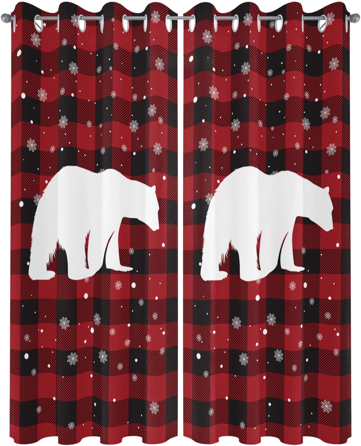 Outdoor Curtains, Winter Polar Bear with Snowflake Weatherproof Waterproof Grommet Window Curtain Panel Black Red Buffalo Check Indoor/Outdoor Privacy Drape 2 Panels with Tiebacks 52"x108"