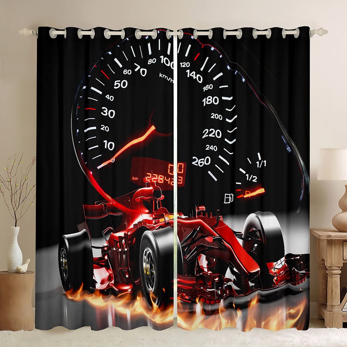 Loussiesd Sports Car Curtains Formula Race Car Window Curtains for Bedroom Living Room for Kids Boys Girls Extreme Sports Window Drapes Cool Speed Red Window Treatments W66*L90