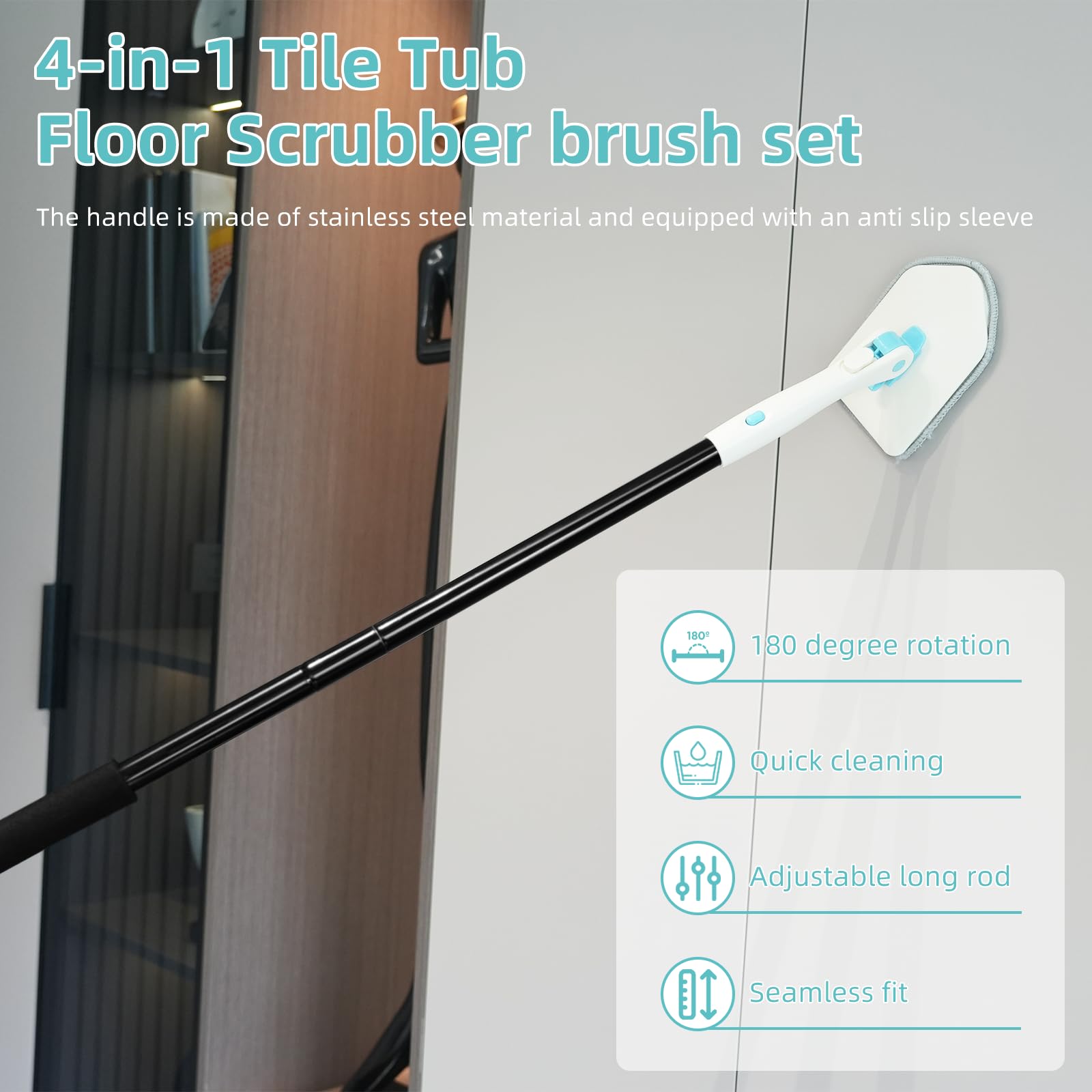 Scrubber 4 In 1 JEHONN Per Vasca E Doccia - Manico Estendibile, Testine Intercambiabili, Salvaschiena - Foto 11