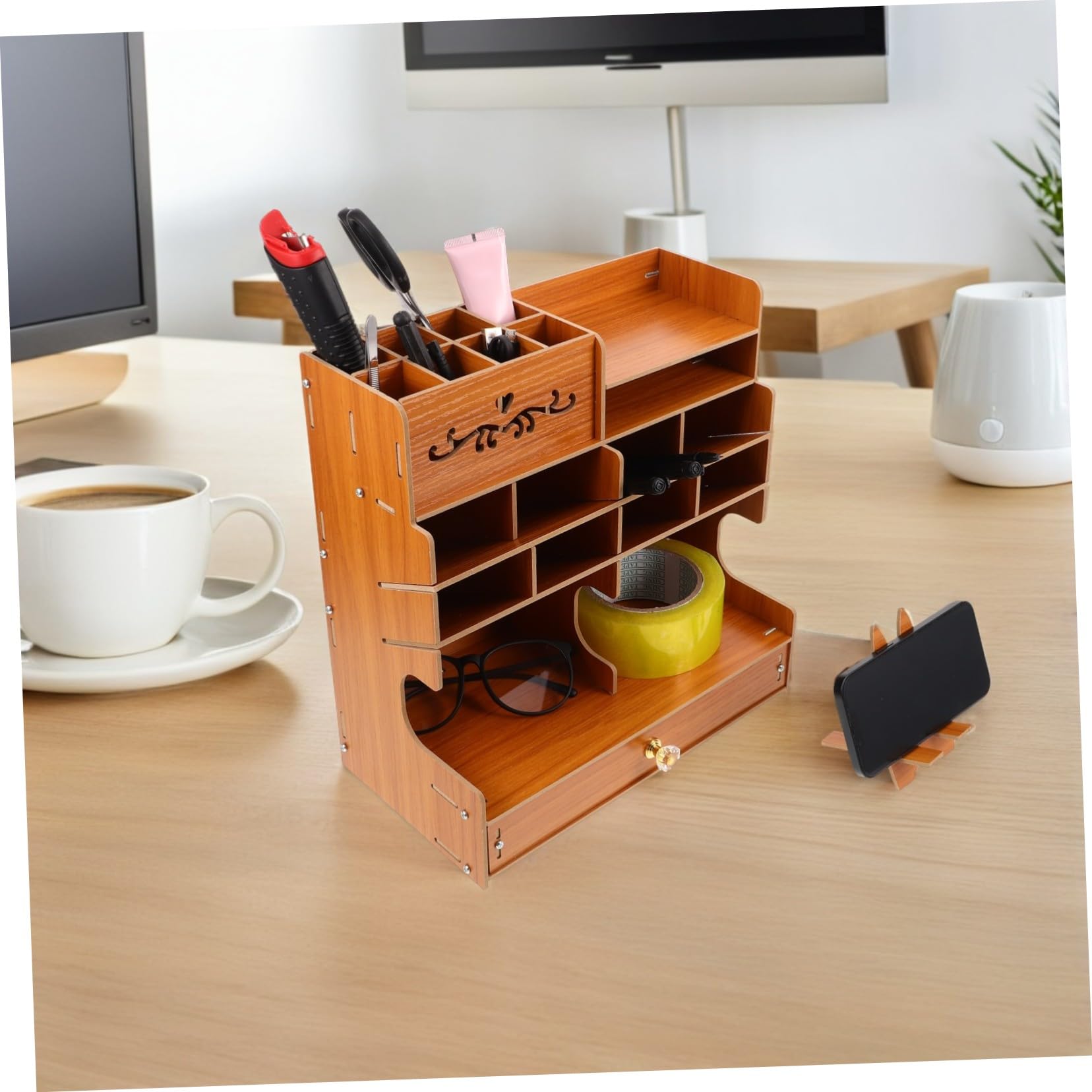 Organizer Penne in Naturale Capacità Portaoggetti Scrivania Multifunzione con Scomparti Multipli Elegante Supporto Cancelleria per Ufficio e Casa