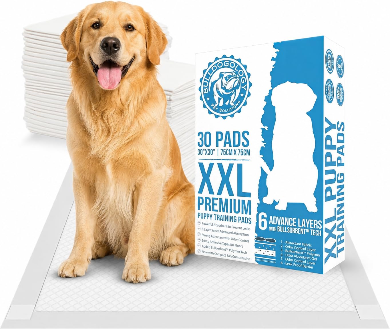 Bulldogology Almohadillas para orina para cachorros XXL con cinta adhesiva, almohadillas de entrenamiento extra grandes para perros (30 x 30), 6 capas con tecnología de polímero Bullsorbent de secado