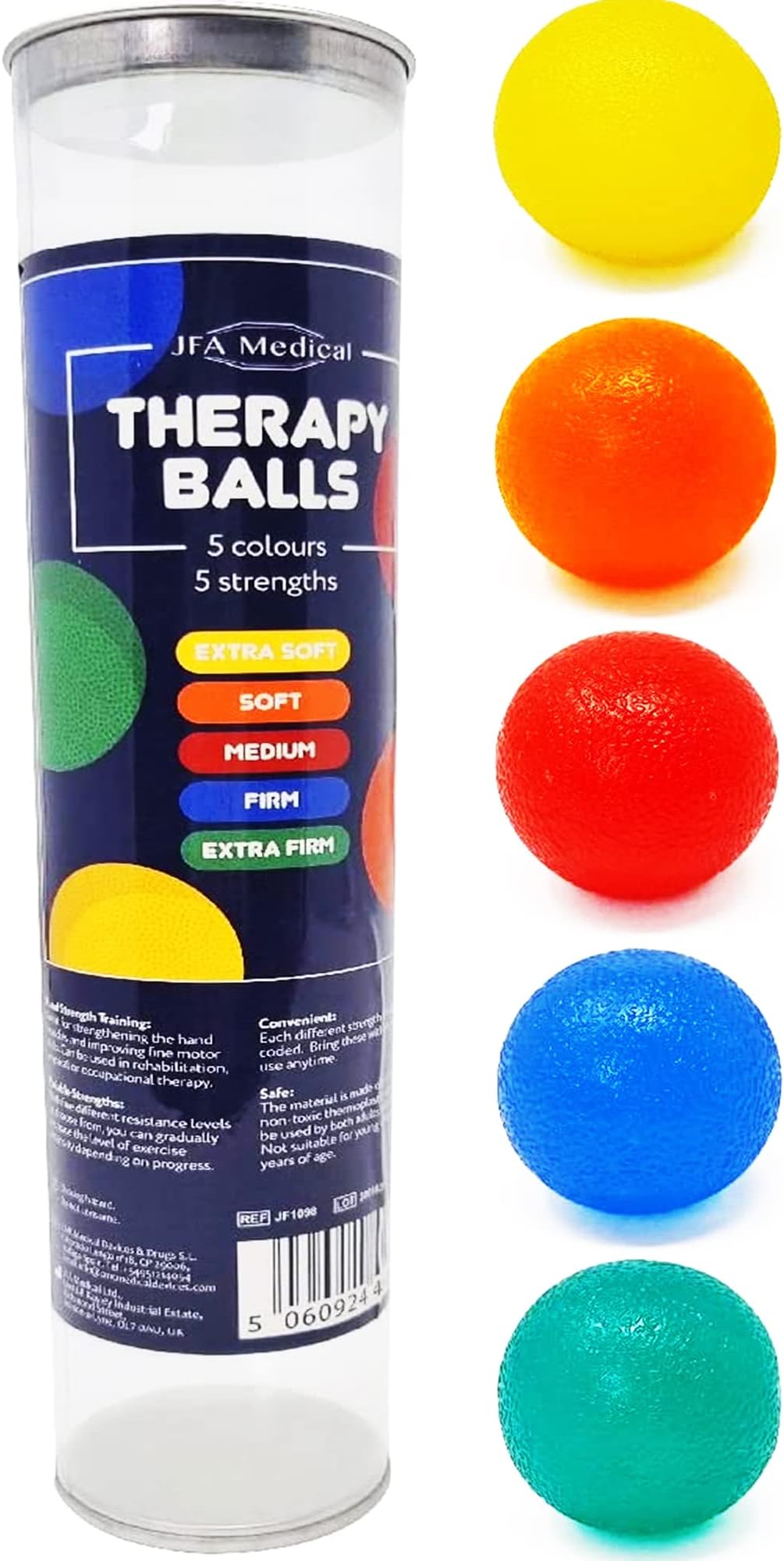 JFA Medical Hand Therapy Exercise Balls 5 Strengths - Extra Soft, Soft, Medium, Firm, Extra Firm