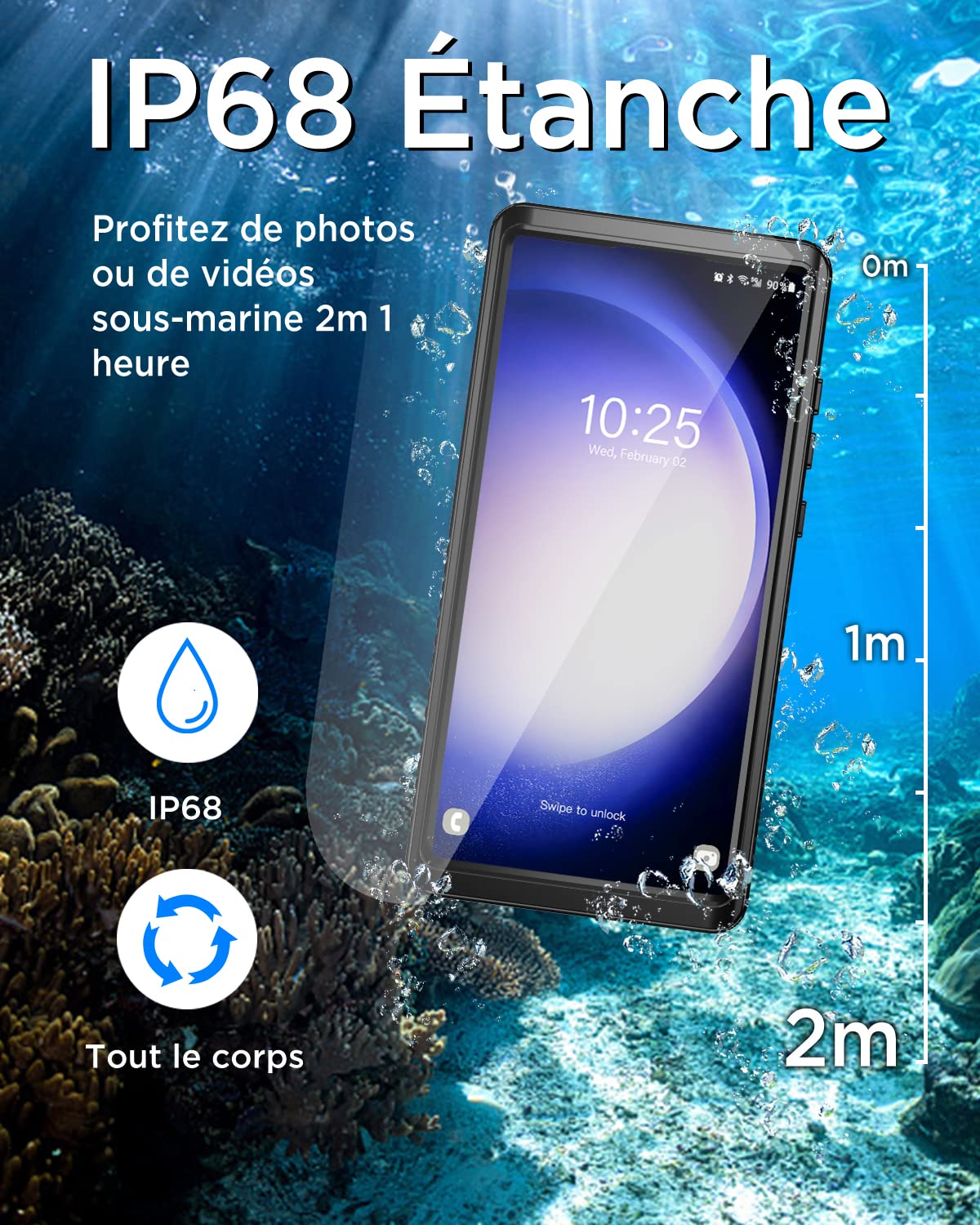 Beeasy Coque pour Samsung Galaxy S23 Ultra 5G – IP68 Étanche + Protection Militaire 360°, Antichoc & Antipoussière, avec Verre Trempé Écran et Caméra – Noir
