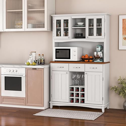 Miniatura 8 de PETSITE Armario de almacenamiento de despensa de cocina, armario independiente para microondas con gabinete de vidrio templado, estante para vino,