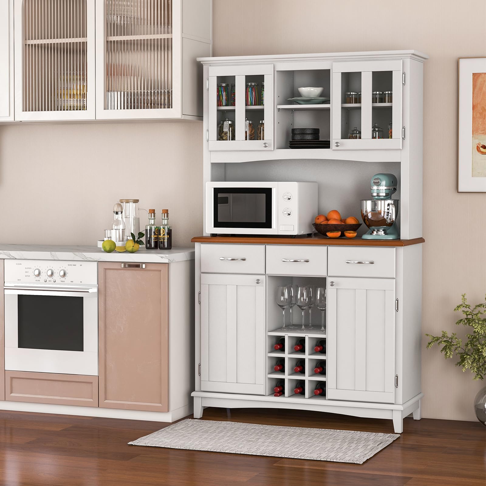 COSTWAY Credenza Alta Cucina, Armadietto Dispensa da Cucina con Portabottiglie, Ripiani Regolabili e 3 Cassetti, per Soggiorno e Sala da Pranzo, 106,5 x 42 x 184 cm (Bianco)