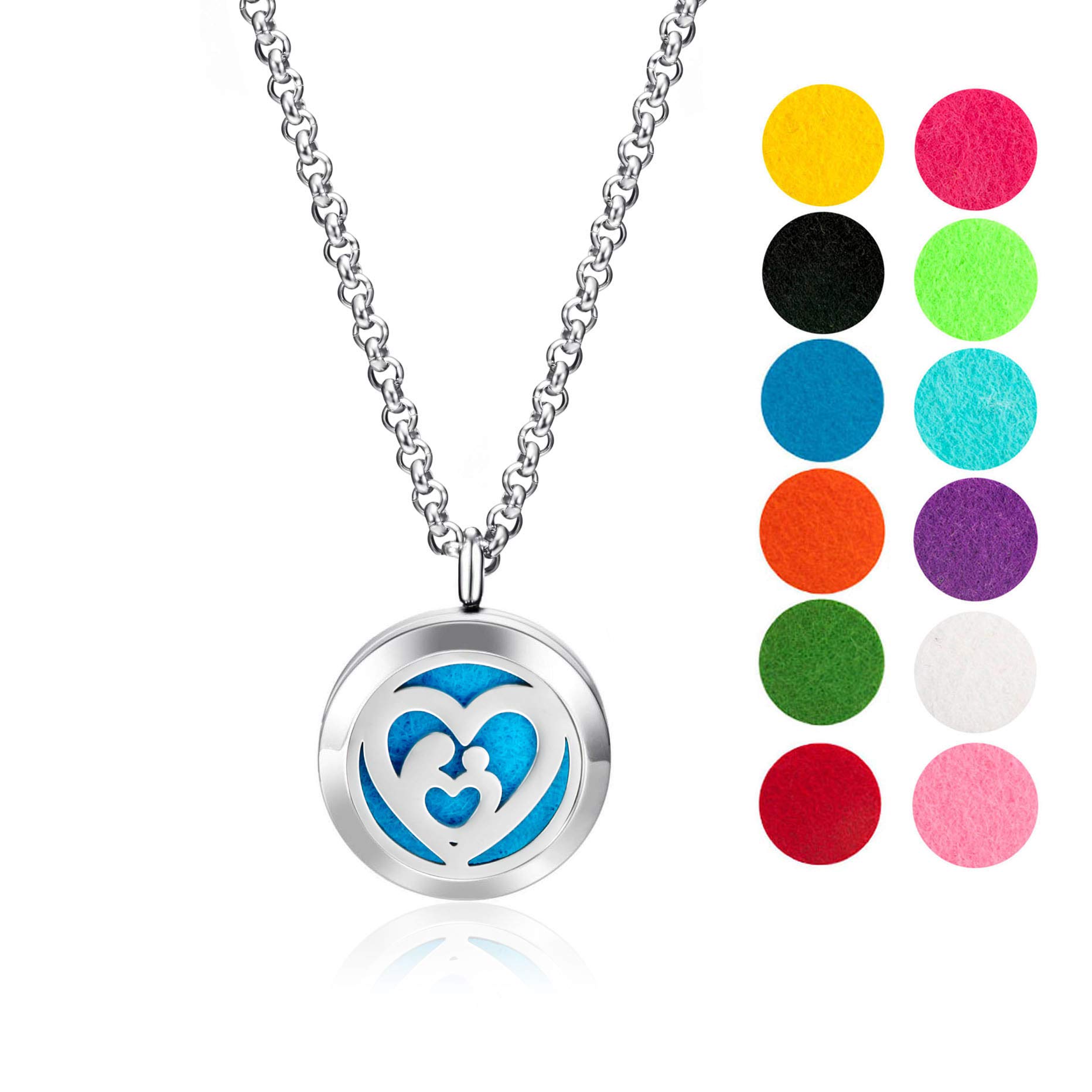 mEssentials Mother's Heart Essential Oil Diffuser Necklace Gift Set - Includes Aromatherapy Pendant, 24" Stainless Steel Chain, 12 Color Refill Pads