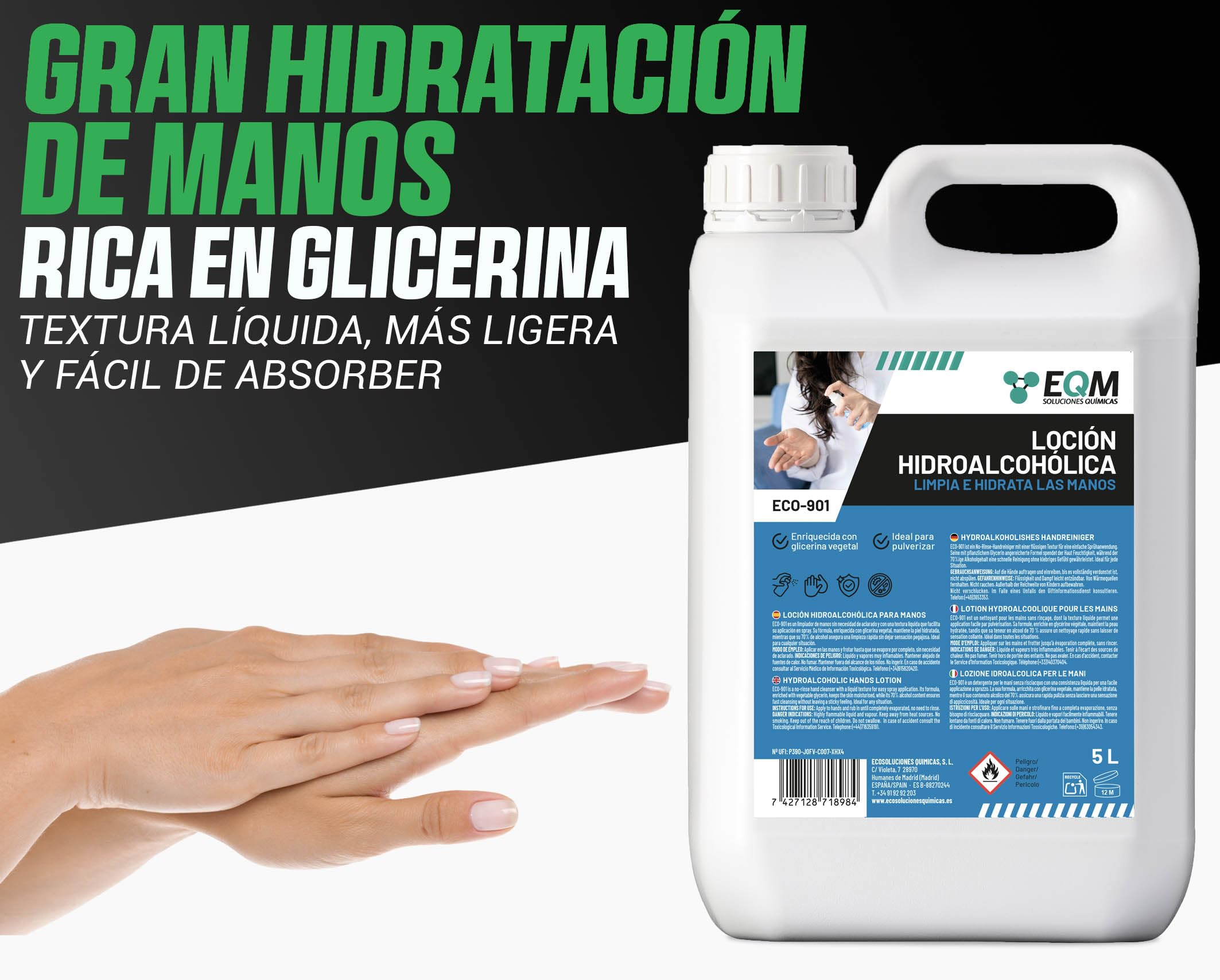 EQM - ECO-901 - Loción Hidroalcohólica para Manos - 5L - Eficacia Certificada por Laboratorio - Limpieza e Hidratación Profunda - Fórmula con Alto Contenido en Glicerina
