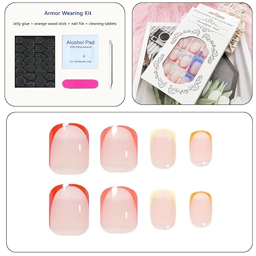 Miniatura 4 de Uñas postizas cuadradas a presión, cortas, bonitas, con punta francesa, arcoíris, uñas postizas acrílicas con diseños coloridos, uñas postizas