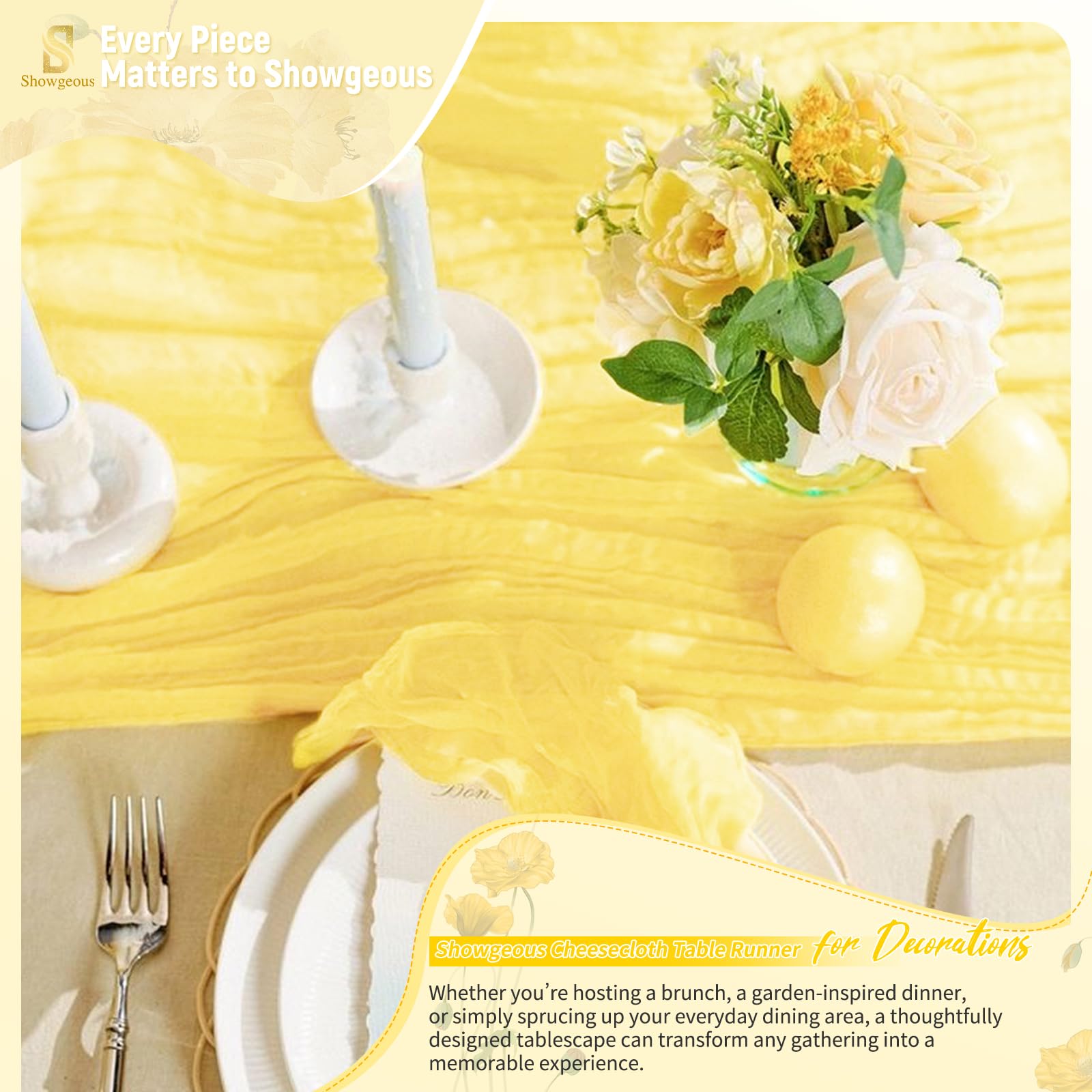 Showgeous Set da 16 Runner da Tavola in Garza Giallo chiaro 45x275cm Runner da Tavola in Garza Stile Boho Romantici e Rustici Decorazioni Trasparenti per Matrimoni Baby Shower Compleanni Feste Casa