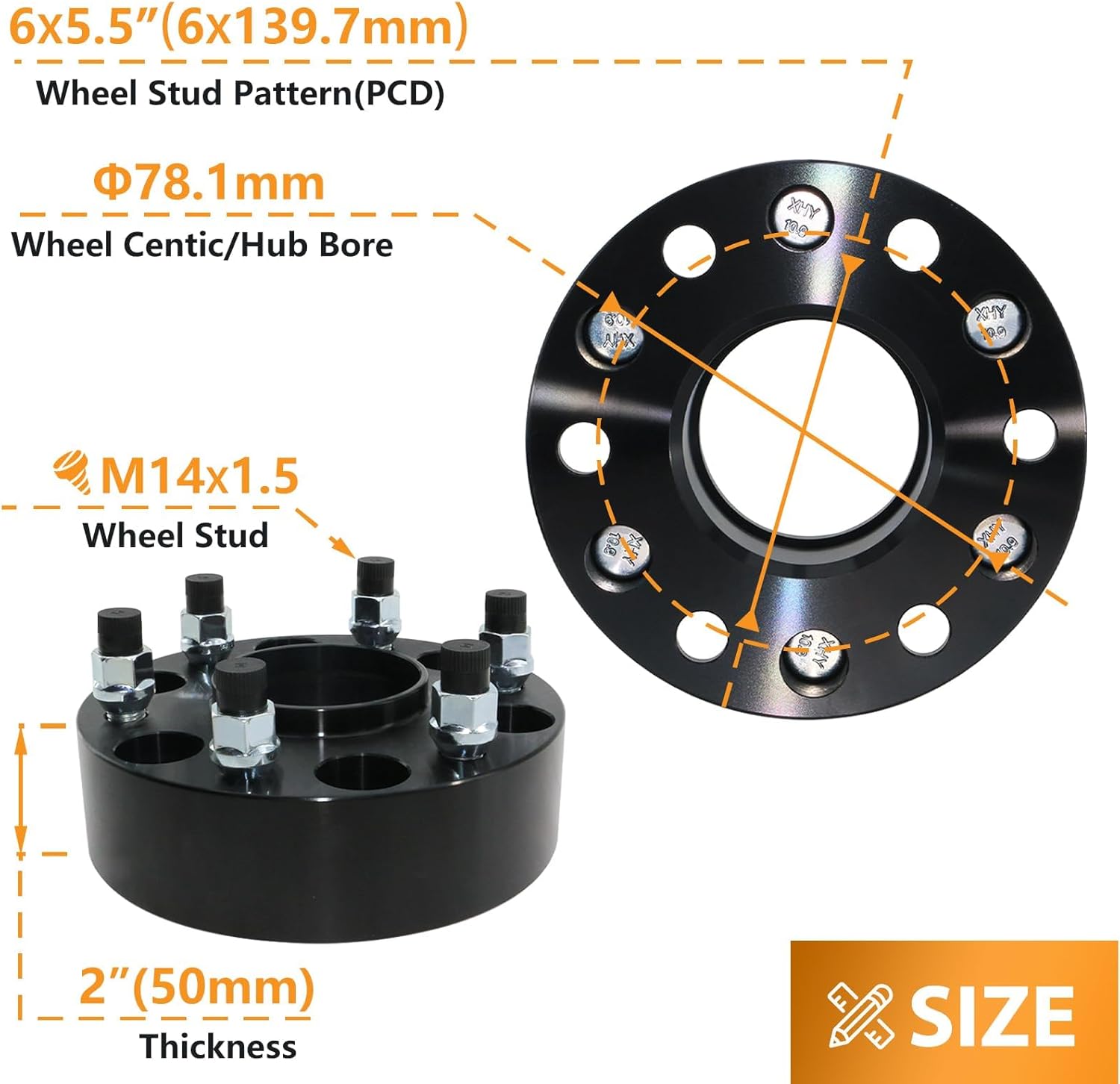 2.0 inch 6x5.5" Wheel Spacers M14x1.5 Studs, 4pcs 6x139.7 78.1mm Hub Bore for 1999-2024 Chevy Silverado GMC Sierra 1500 Yukon Escalade, 03-14 Savana Express Tahoe, 07-13 Avalanche, 15-24 Suburban - Image 5