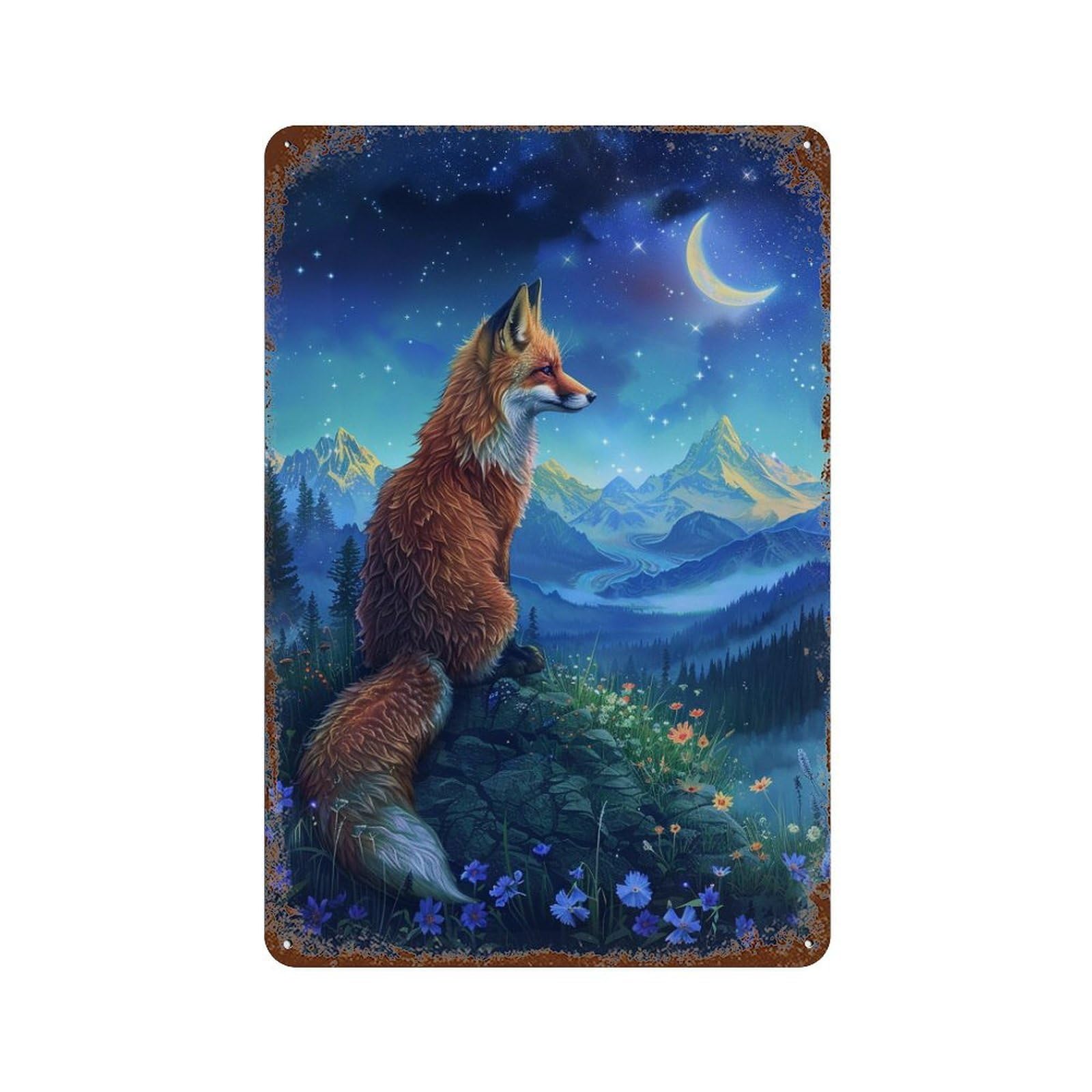 Distressed Metal Wall Sign Fox in Starry Night Landscape -1 11.8"x7.9", Shabby Chic Decor for Patio, Garden Room And Bar Decor