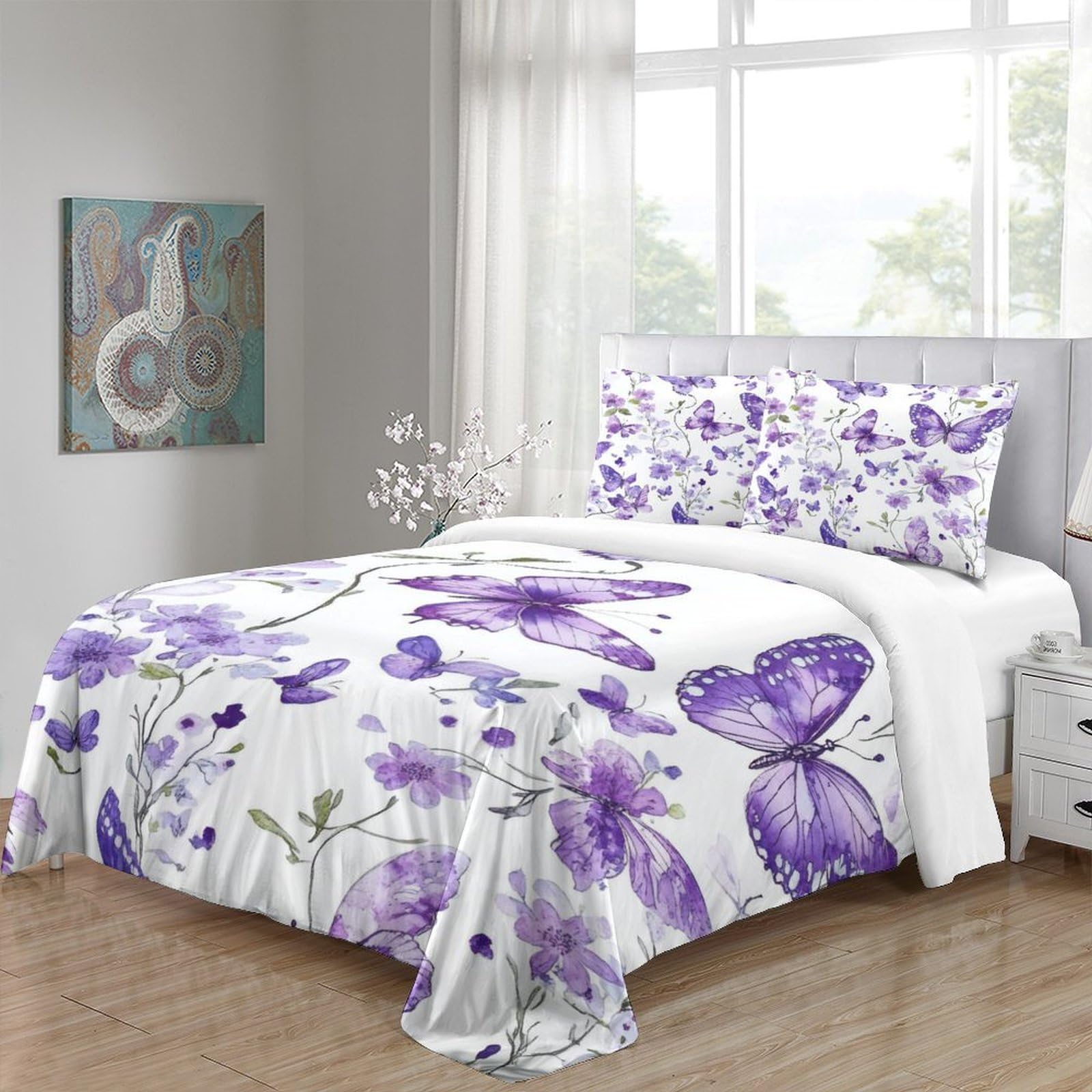 Lila Schmetterlinge 3-teiliges Reines Polyester Aquarell Floral Design Bettbezug, Versteckter Reißverschluss, Krippenbettwäsche, Babysicher & Pflegeleicht King（220x240cm）