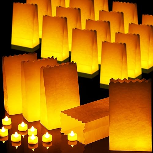 50 juegos de bolsas de luminarias con velas incluyen 50 velas LED sin llama, velas LED de té y 50 bolsas luminarias para Navidad, Acción de Gracias,