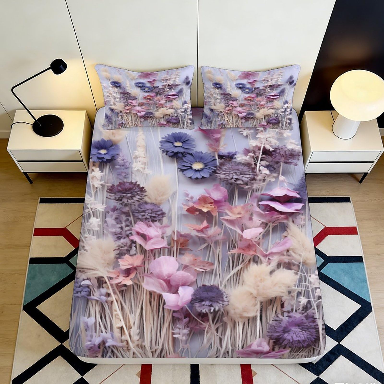 3D Printed Pastel Floral Fitted Sheet Microfiber Soft Mattress Cover for Bedroom Dorm Room Decor Dustproof Washable 200x200x25cm