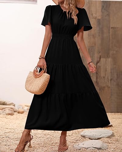 Miniatura 7 de PRETTYGARDEN - Vestido largo casual de verano para mujer, manga corta, con vuelo, cuello redondo, cintura fruncida, escalonado, bohemio, floral,