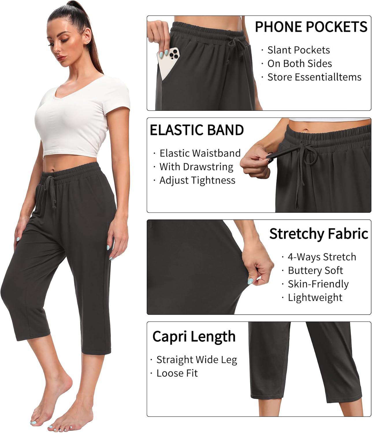 OLIKEME Women's Yoga Capri Pants Loose Drawstring High Waisted Sweatpants Lounge Running Gym Short With Pockets - Image 4