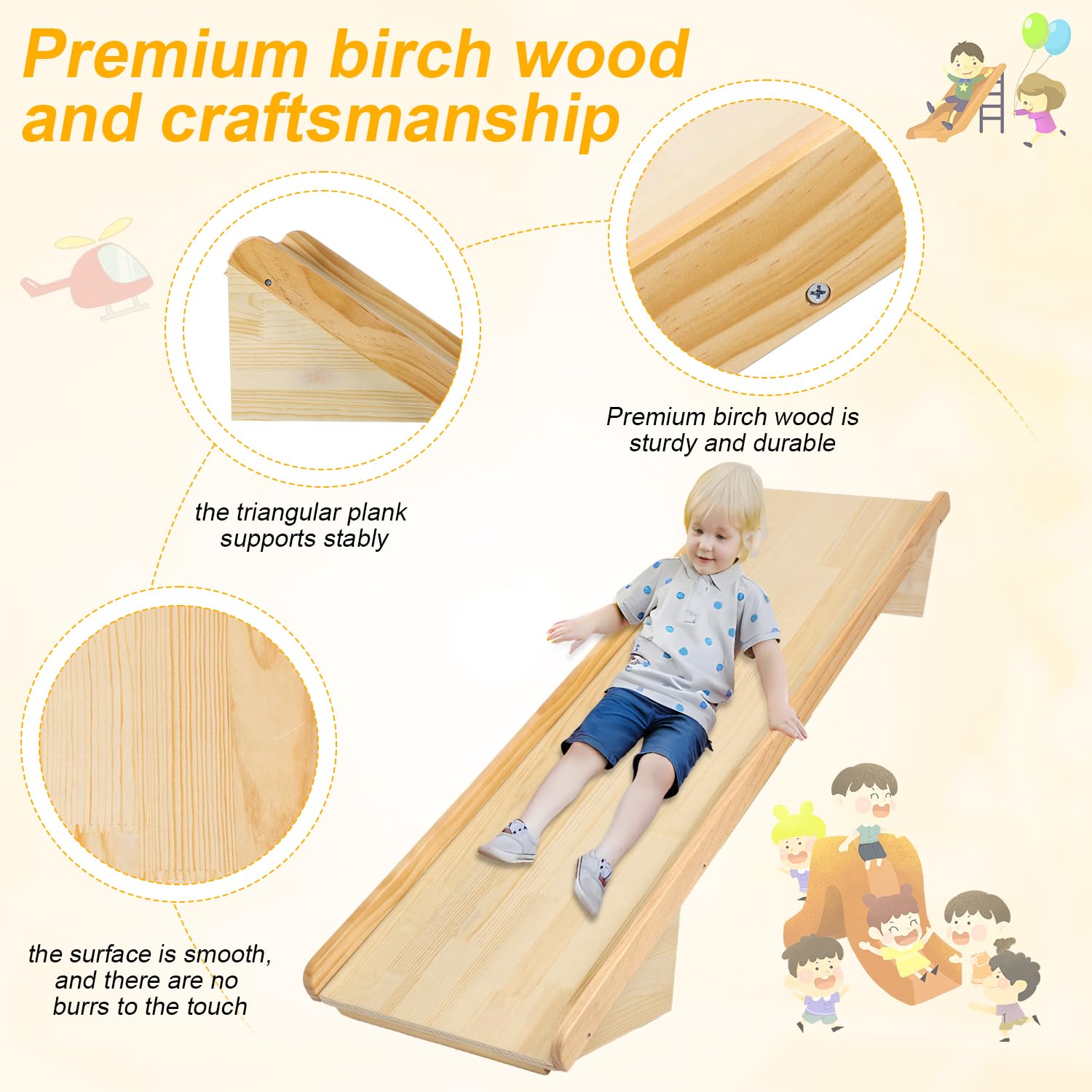 Holztreppenrutsche für Kinder, Stabile wasserdichte Holztreppenrutsche für Innenräume Spielplätze Leitern Anwendbare Stufenhöhe 17,78-19,05cm Traggewicht 90,72kg