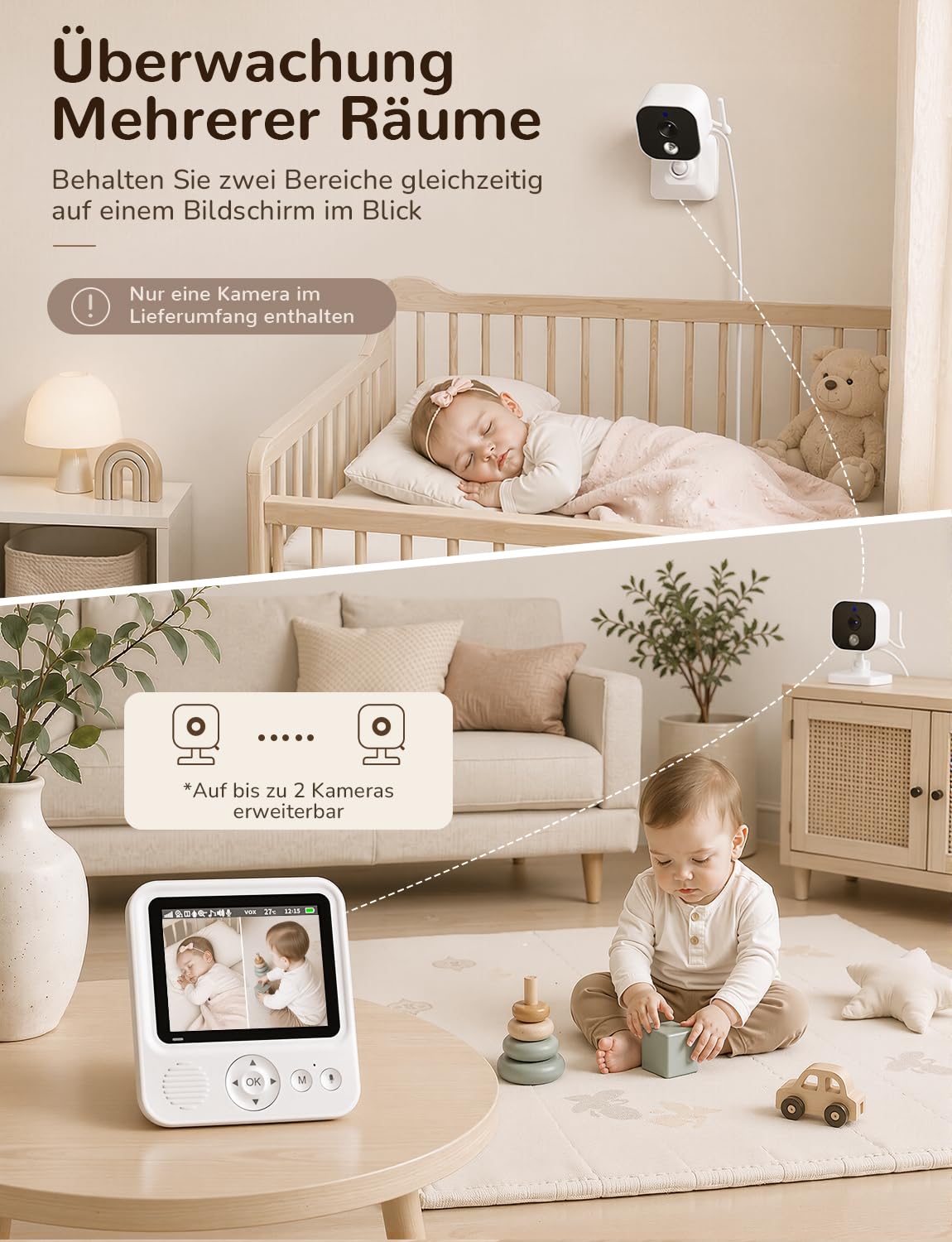 OBVHNUA Monitor niemowlęcy z kamerą 2,8 cala, 720P, podzielony ekran, bateria 2000 mAh, tryb VOX, dwukierunkowy dźwięk, noktowizor, czujnik temperatury, timer i 8 kołysanek