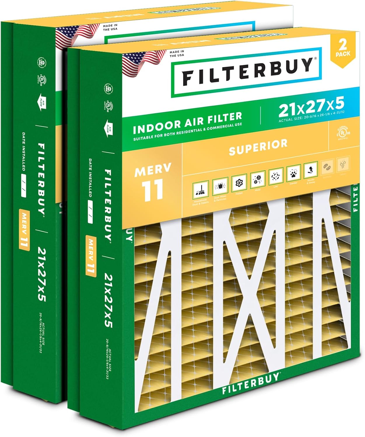 Filterbuy 21x27x5 Air Filter MERV 11 Superior Pet & Allergy Defense (2-Pack), Pleated HVAC AC Furnace Filters for Trane Perfect Fit & American Standard (Actual Size: 20.56 x 26.13 x 4.97)