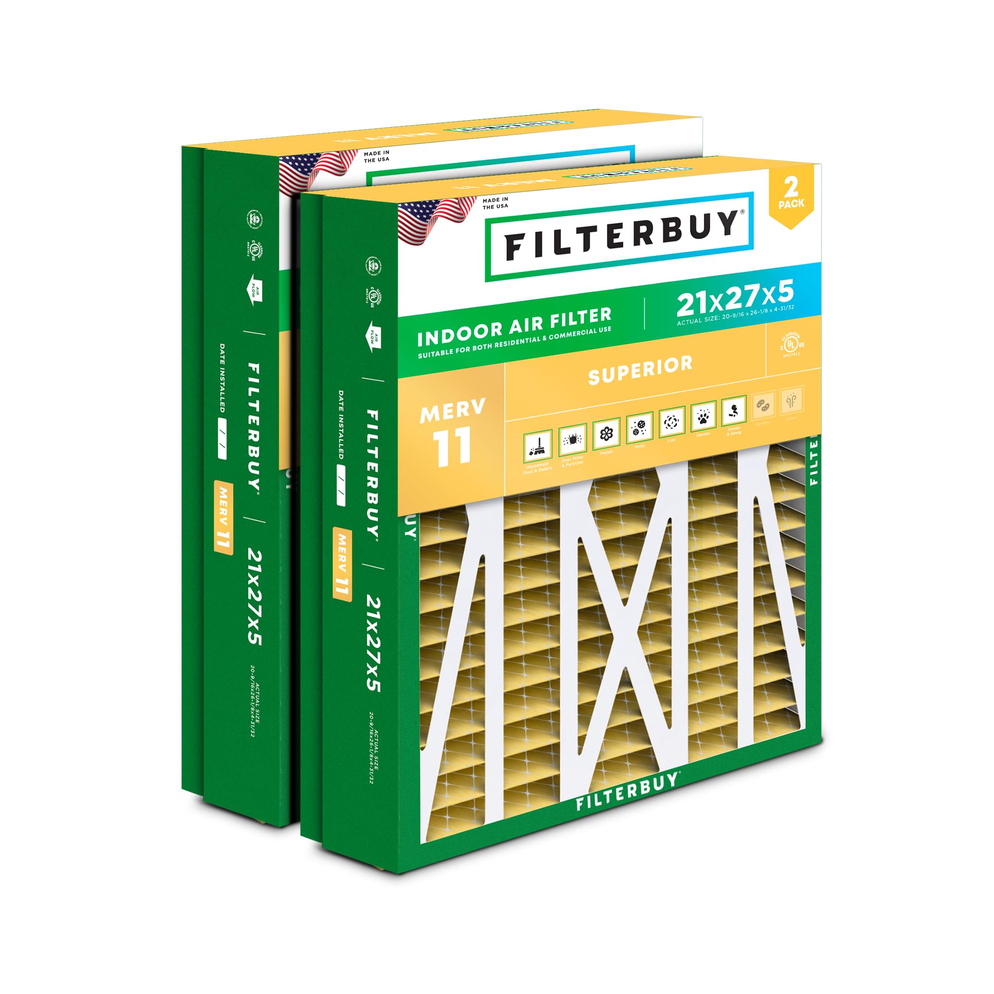 Filterbuy 21x27x5 Air Filter MERV 11 Allergen Defense (2-Pack), Pleated HVAC AC Furnace Air Filters Replacement for Trane Perfect Fit & American Standard (Actual Size: 20.56 x 26.13 x 4.97 Inches)