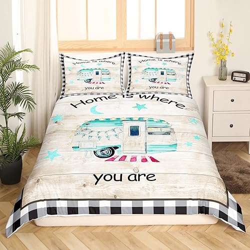 Feelyou Funda de edredón para cámper, tamaño Queen, funda de edredón de camping feliz, juego de ropa de cama para camping, automóvil, funda de