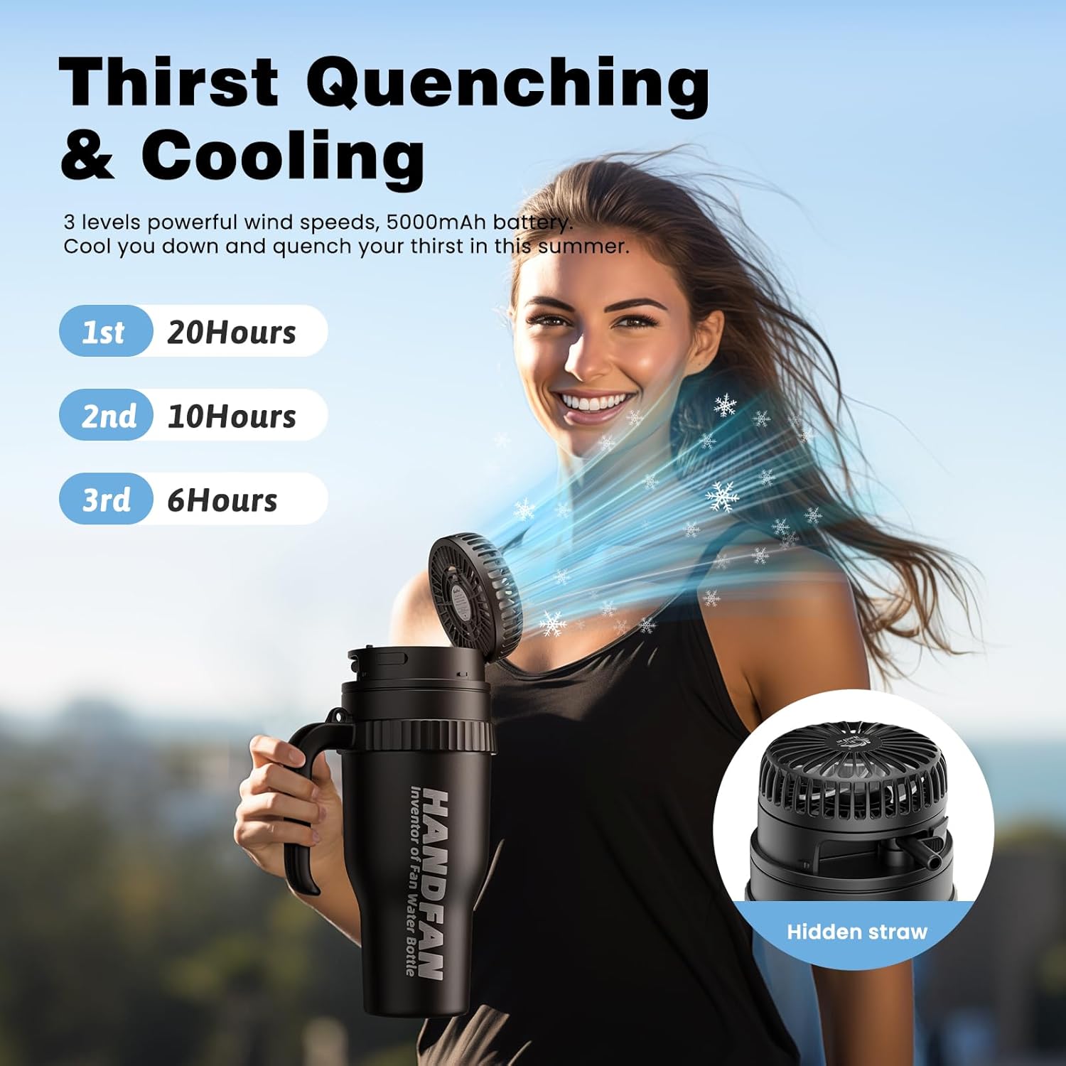 HandFan 40 oz Tumbler with Handle & 5000mAh USB Portable Fan – Insulated Stainless Steel Tumbler | BPA Free Leak Proof Cup Holder Coffee Mug, Gifts for Women, Travel & Gym – Black