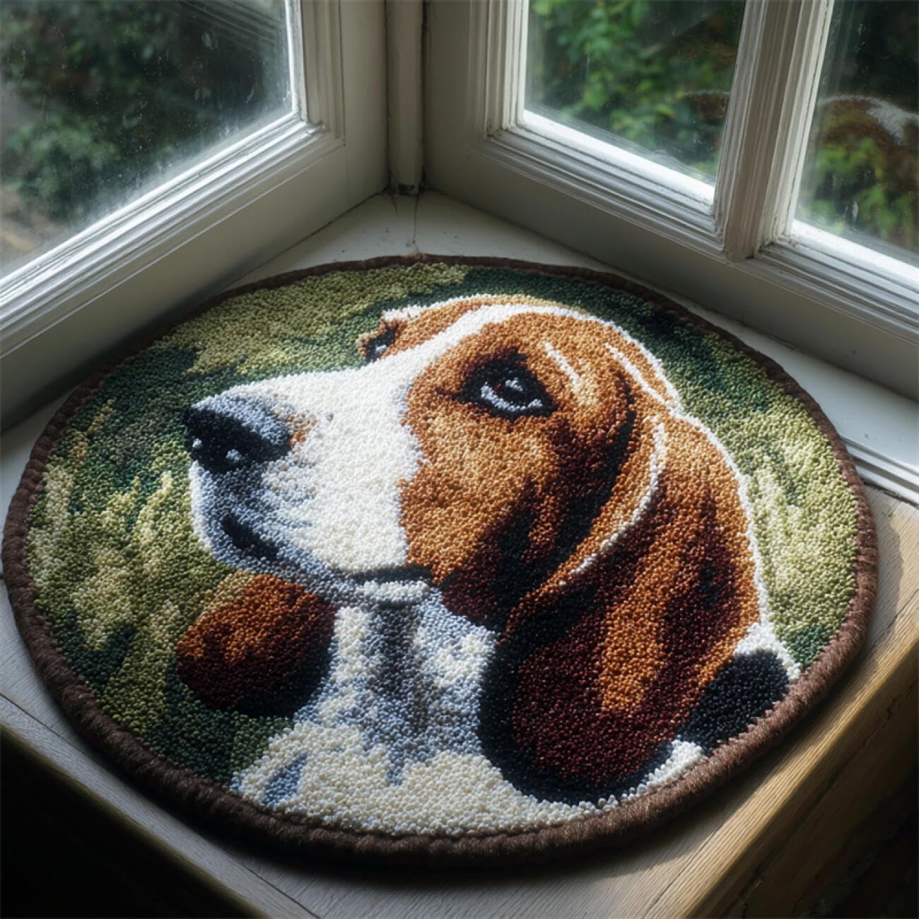 Kitquiver Dog Animal Latch Hook Cushion Kits Basset Hound Portrait Knitting Kits for Adults Latch Hook Canvas DIY Rugs Crochet Yarn Set Embroidery Kit 80x80cm