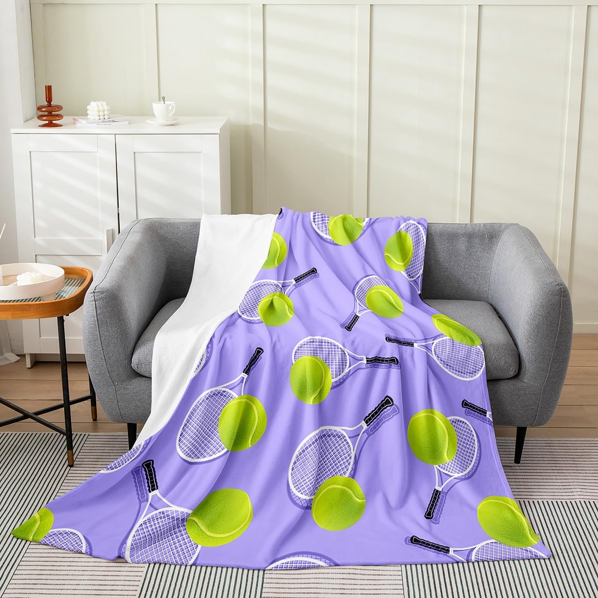 Erosebridal Kids Tennis Racket Sports Soft Fleece Throw Blanket Twin 60x80 for Boys Girls Tennis Lover, Purple Ball Games Flannel Blanket for Sofa Bed Couch, Player Activity All Seasons Room Decor