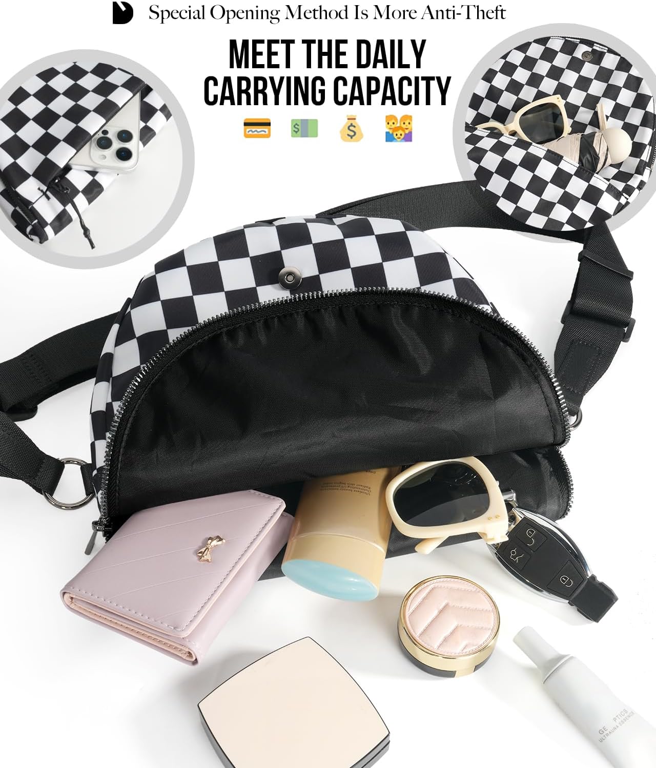 Checkered Crossbody Messenger Bag, Black and White Pattern, Adjustable Shoulder Strap - Image 3