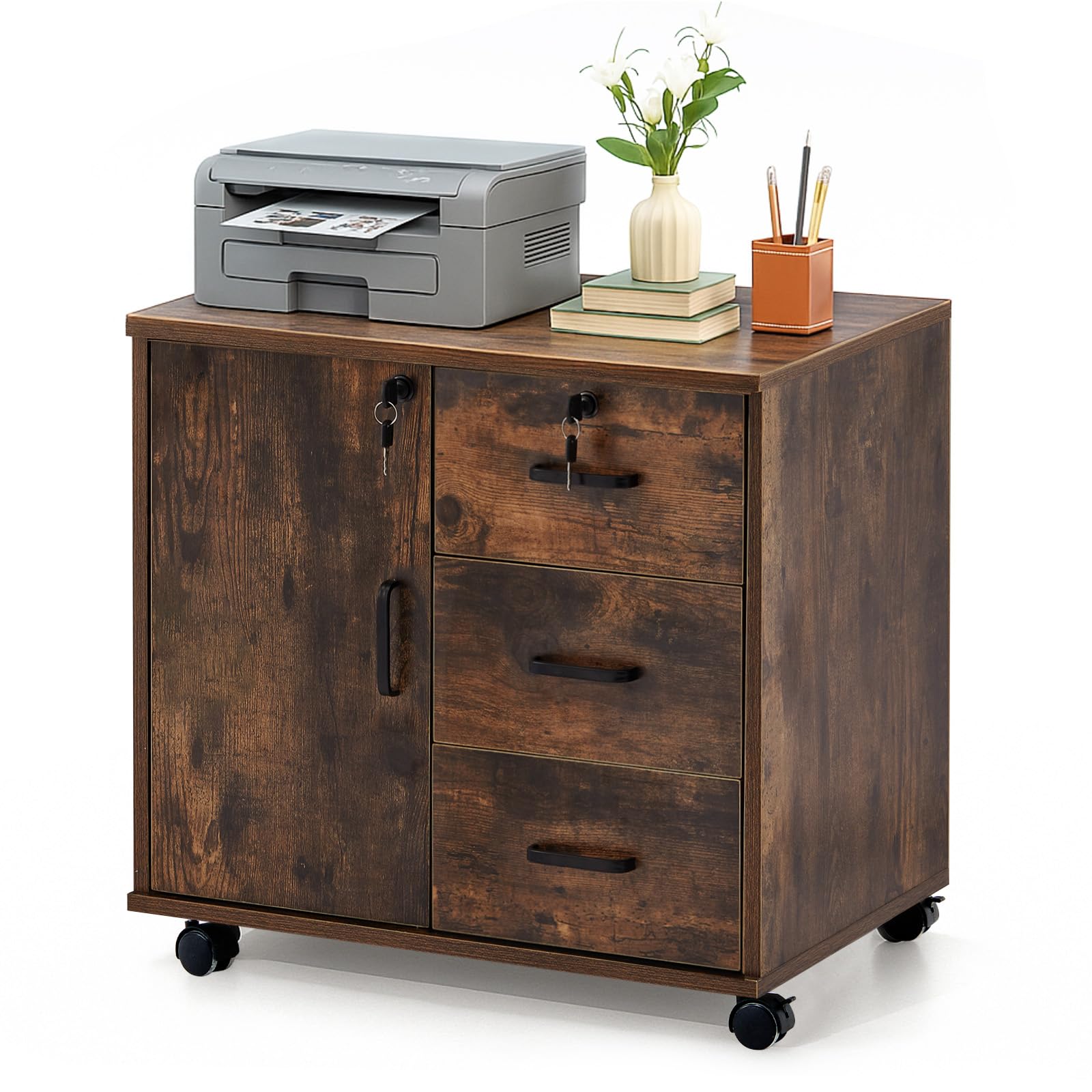 LEMROE Mobile File Cabinet with Lockable and 3-Drawer Lateral Filing for Documents, Printer Stand, Home Office, Brown