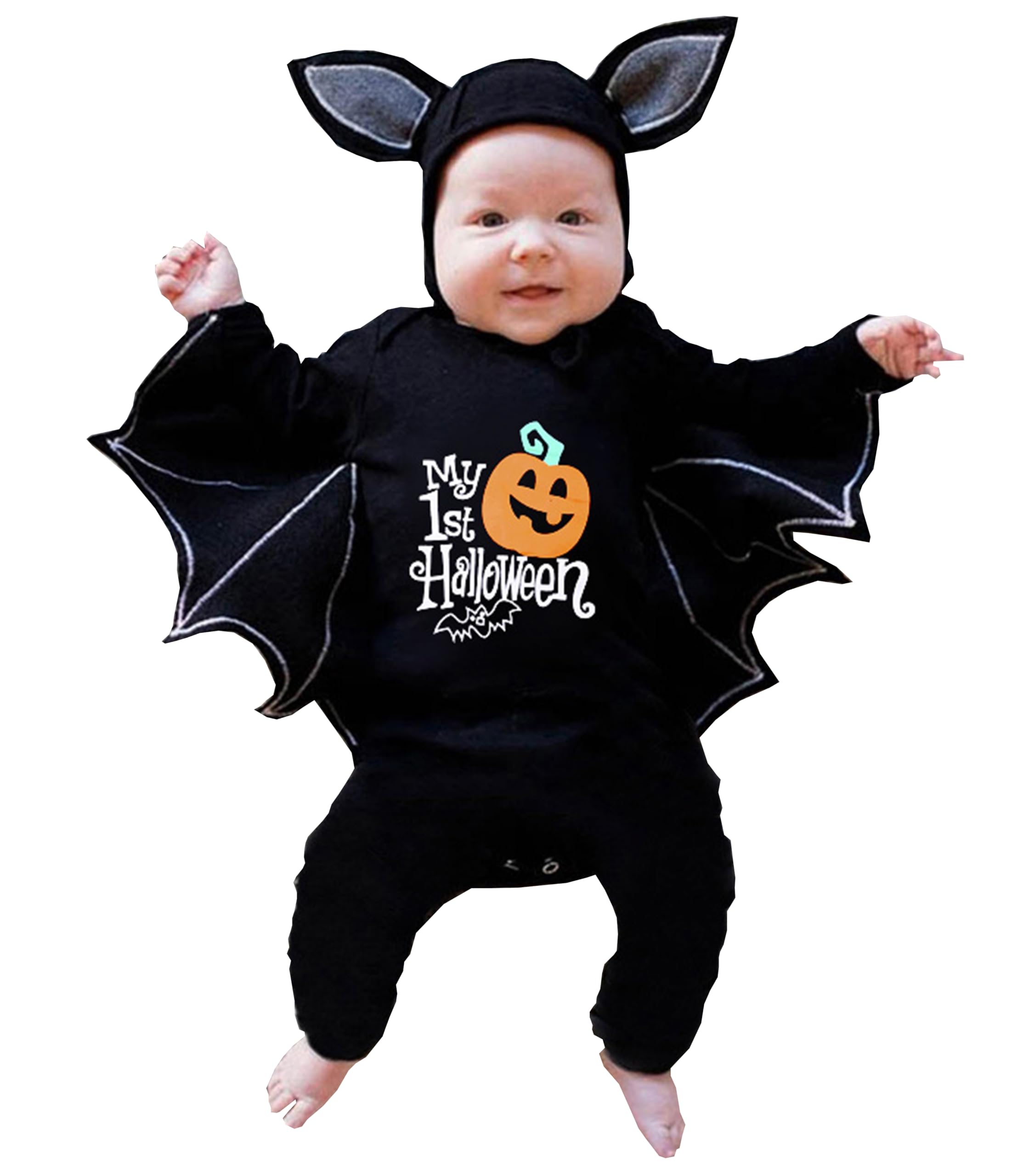 Likpoja Men's Bat Romper E Newborn Baby Boy Girl My 1St Halloween Bat With The Skeleton Outfits Unisex Baby One-Piece Skull Bat Romper With Hat For 0-24 Months Infant(Bat Pumpkin Romper E,12-18 Months)