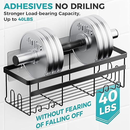 Miniatura 3 de HomeHacks Organizador de ducha, sin perforaciones, organizador a prueba de óxido con ganchos para ahorrar espacio, artículos esenciales de