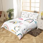 Girls Catoon Rainbow Bedding Set Pink Love Heart Bedding Duvet Cover Set Decor Cute Cloud Comforter Cover Set Kawaii Stripes Polka Dots Theme White Bedspread Cover Bedroom Quilt Cover 3Pcs Queen