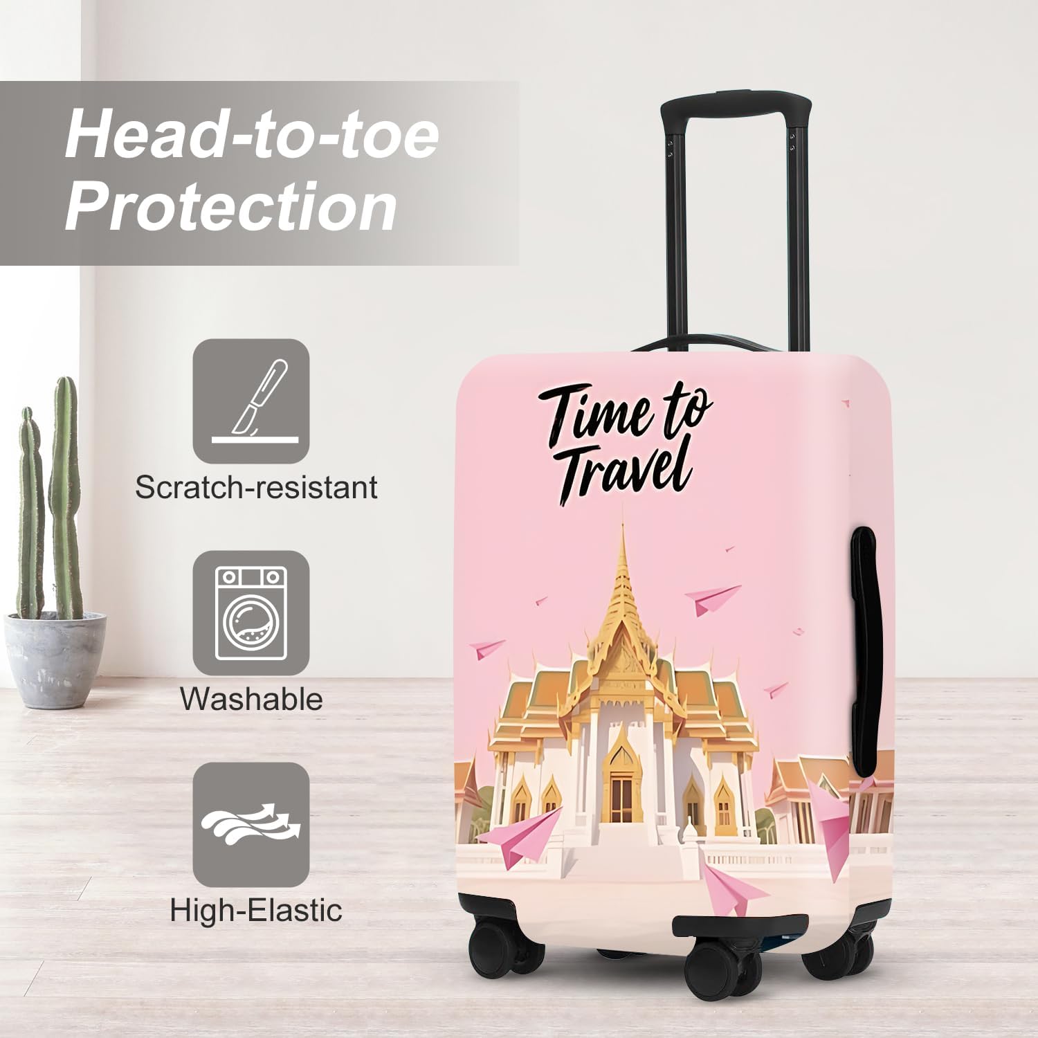 Travel Luggage Cover, Washable Suitcase Protector with Architecture & “Time to Travel” Anti-scratch for 32",34"Bag