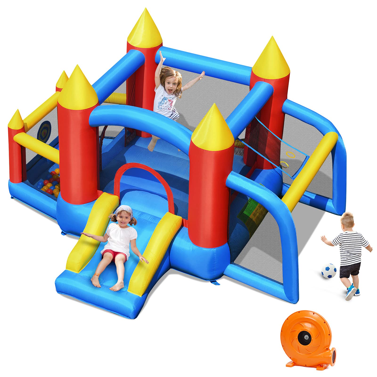 COSTWAY Castillo Hinchable con Tobogán para Niños con Soplador de Centro de Juego con 60 Pelotas Oceánicas,Portería de Fútbol,Bolsa de Transporte para Parque Patio Jardín Exterior