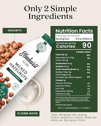 Elmhurst 1925 Unsweetened Hazelnut Milk - 32 Ounce (Pack of 6) Dairy-Free, Gluten-Free, Vegan, Kosher, Shelf Stable Milk Made with Water & Hazelnuts for Healthier, Simpler Plant-Based Alternatives