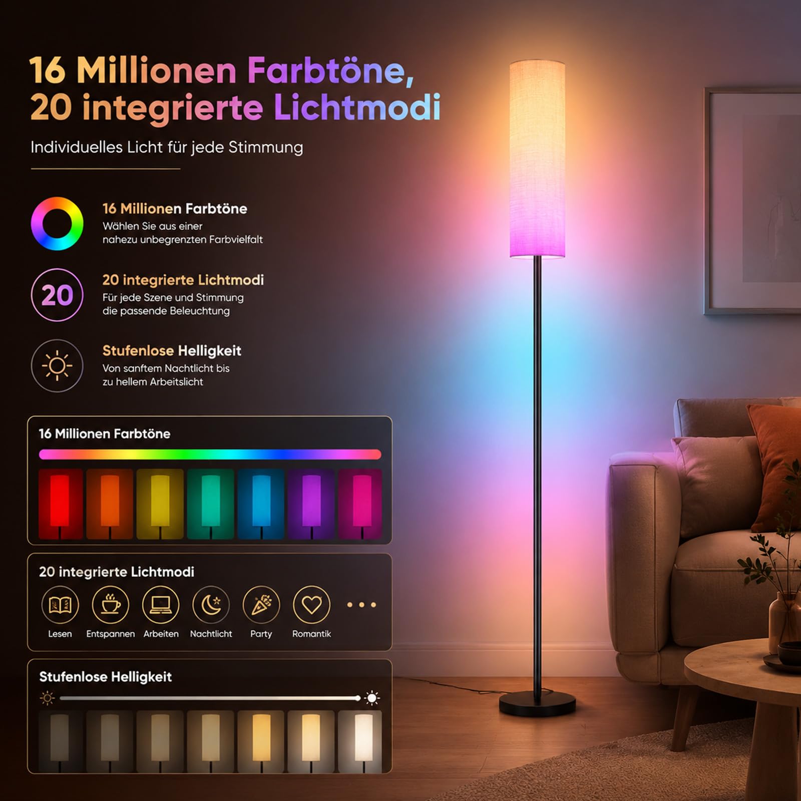 Stehlampe Wohnzimmer, Stehlampe Dimmbar, LED Leselampe mit APP-Steuerung& Fernbedienung& Fußschalter, Minimalismus Stehlampen mit Leinen Lampenschirm 3 Farbtemperaturen Für Schlafzimmer, Wohnzimmer