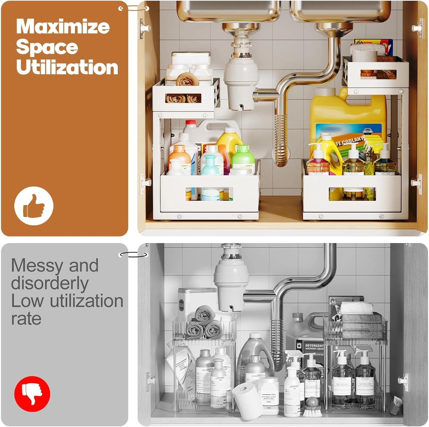 L-Shaped Metal Under Sink Organizer, 2-Tier Double Pull-Out Cabinet Organizer for Kitchen & Bathroom Storage, Height Adjustable, Smooth Cylinder Rail, White, 2 Packs