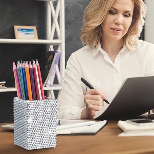 Vista 4 de KEYPOWER Portalápices de acrílico decorado con diamantes de imitación brillantes para brochas de maquillaje, accesorios modernos de papelería