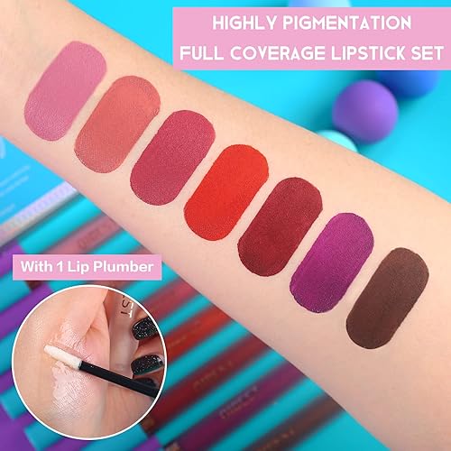 Miniatura 5 de QiBest Juego de 7 lápices labiales líquidos mate con 1 lápiz labial de fontanero brillante, de larga duración, alta pigmentación, aterciopelado,