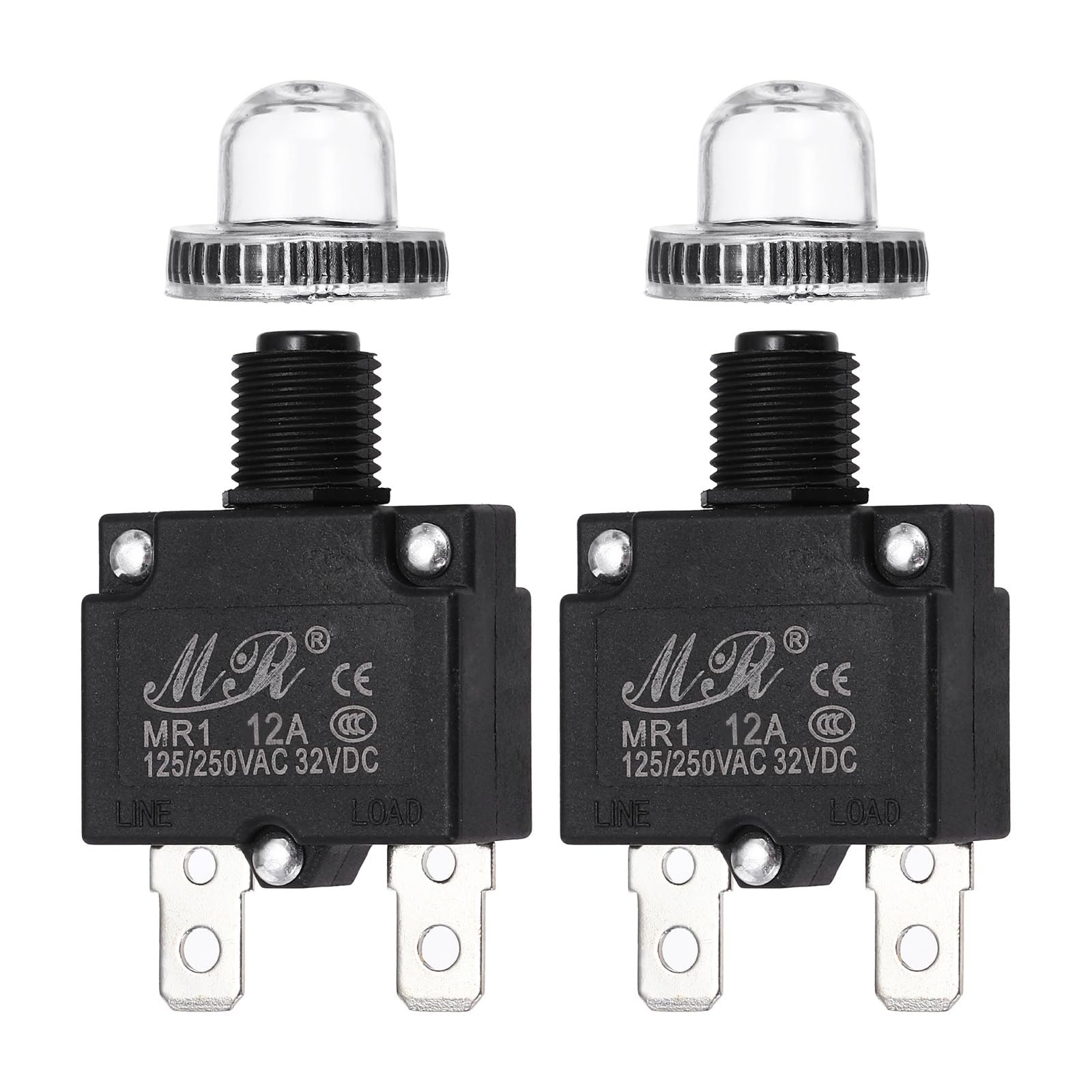 sourcing map 2 Pcs 12Amp Push Button Circuit Breaker,125/250V AC 32V DC Manual Reset Thermal Overload Protector with Waterproof Button Caps