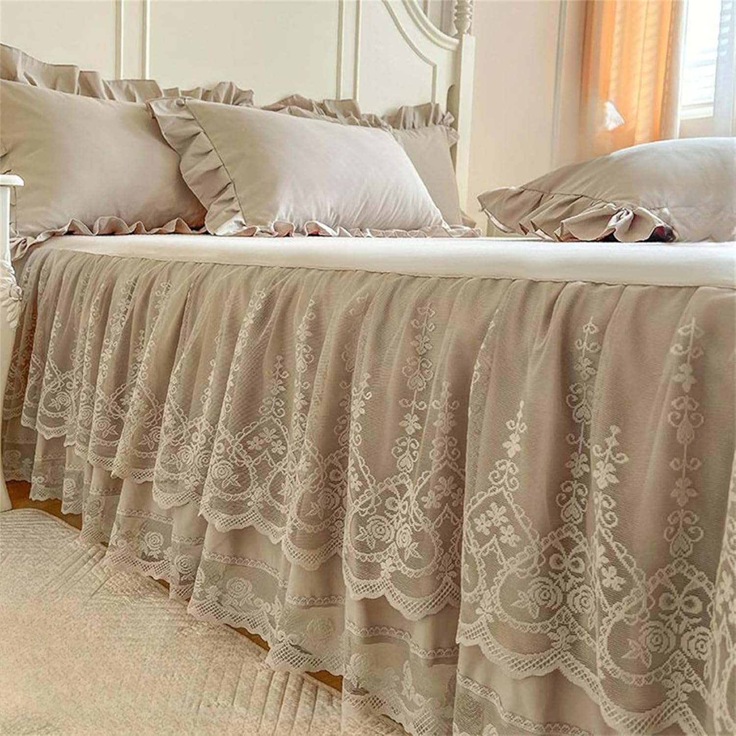 Vintage Summer Ruffled Bed Skirt with Sheet,Dust Ruffle Bedskirt with Two Lace Layers,17.7" Drop