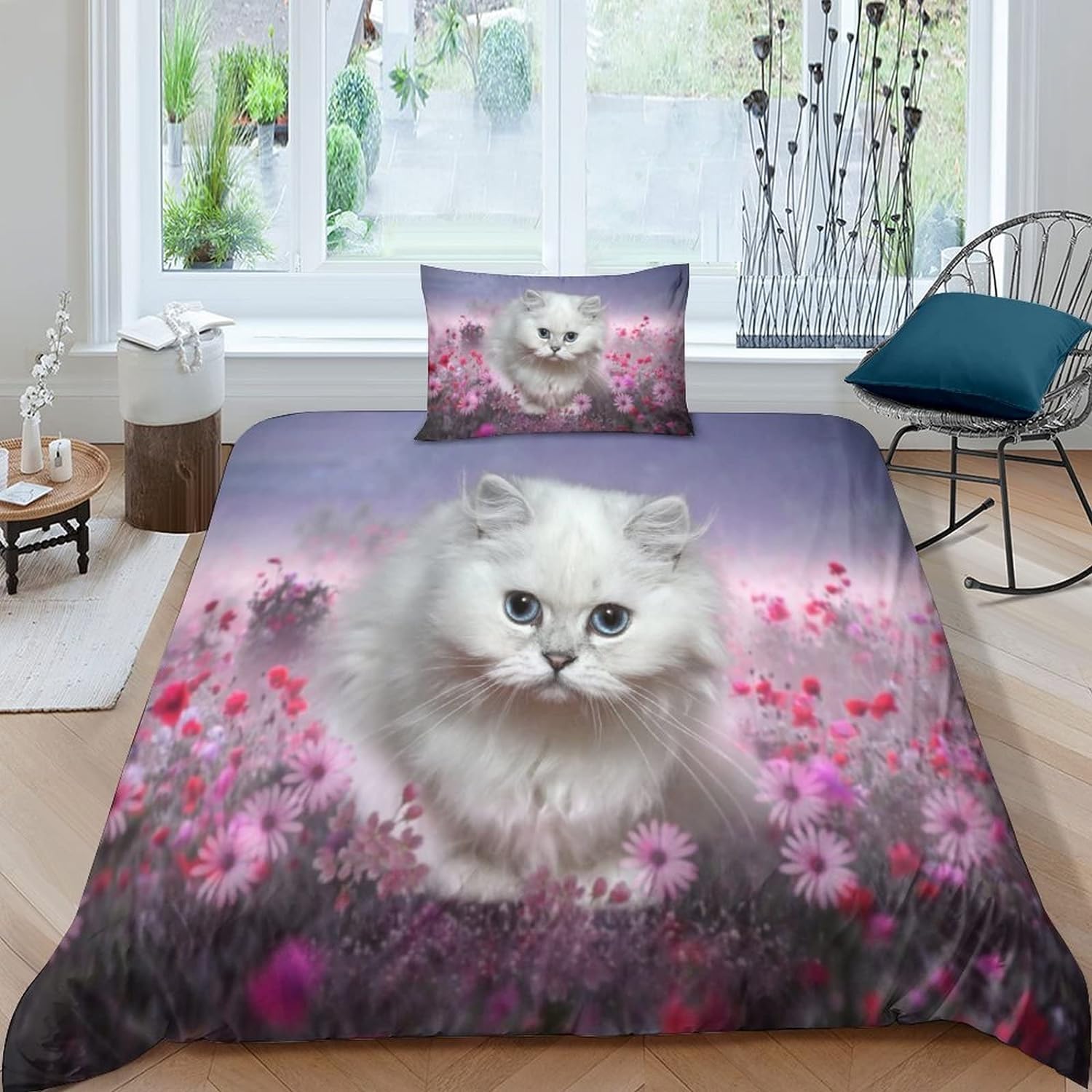 Housse de couette 220x240 chat imprimée 3D en microfibre avec taies 65x65