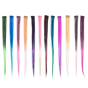 12 Colors in Set -Straight : SWACC 12 Pcs Ombre Colored Party Highlights Clip on in Hair Extensions Multi-Colors Hair Streak Synthetic Hairpieces (12 Colors in Set -Straight)