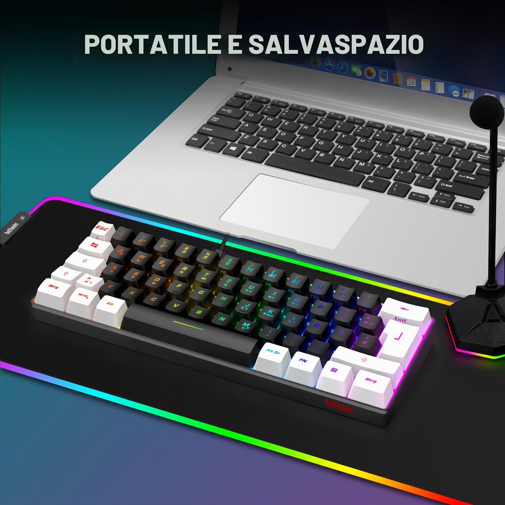 RedThunder 60% RGB, set tastiera-mouse gaming, mini tastiera, 62 tasti, layout tedesco, 7200 DPI, struttura a nido d'ape per PC, MAC, PS5, Xbox (bianco e nero)